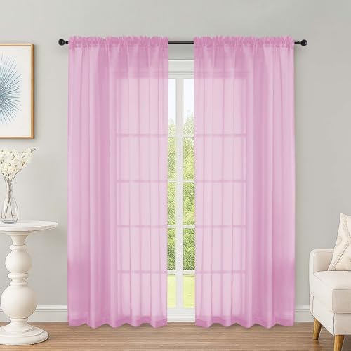 Image of OWENIE Pink Sheer Curtains 72 Inches Long 2 Panels Set, Transparent Voile Sheer Curtain for Living Room Bedroom Window Sliding Glass Door Treatment, 59 x 72 Inch, Pink