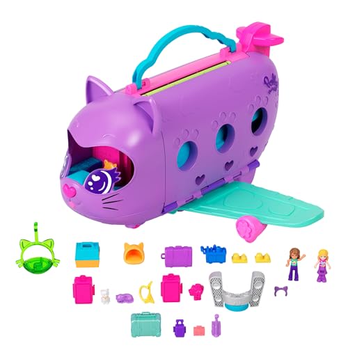 Polly Pocket - Aereo Gattino, Playset Da Viaggio Con 2 Micro Bambole, Palco Rotante E Cucciolo Di Gatto, 19 Accessori Inclusi, Giocattolo Per Bambini,