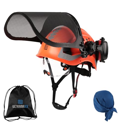 UM ULTRAMAXX 5 in 1 Forestry Safety Helmet with Mesh Face Shield, Built-in Visor, and Ear Muffs Kit, Vented Chainsaw Arborist Helmet for Logging, and Garden Work, Orange