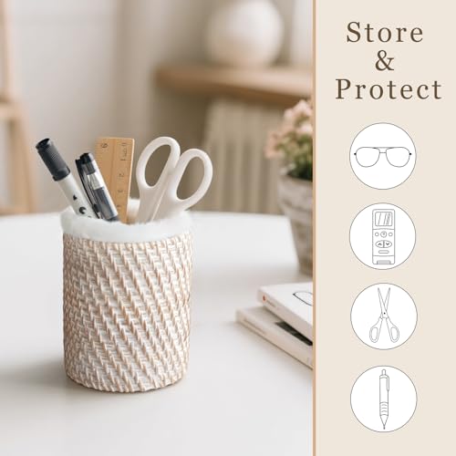 Image of Mkono Glasses Holder for Nightstand Rattan Protective Glasses Stand for Glass Eyeglass Organizer Holder for Desk, Table
