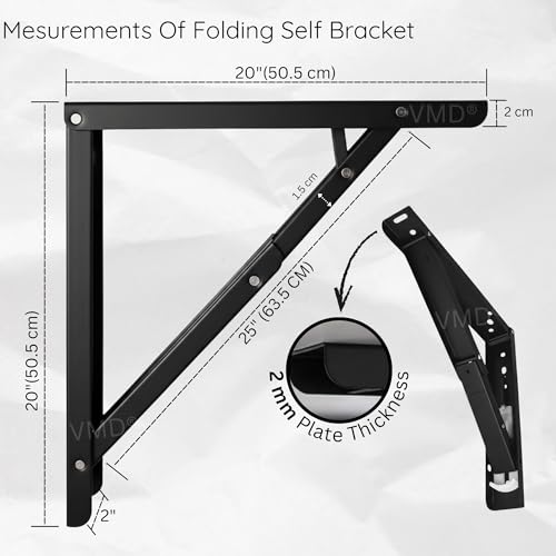 Image of VMD, Heavy Duty 20 inch (Black) Foldable Shelf Bracket, DIY Folding Shelves, l Bracket, Wall Brackets, Wall Angle Bracket, Folding Table Bracket with Fittings for fold Down Steel Table (Pack of 2)