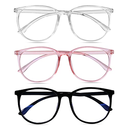 URAQT Blaulichtfilter Brille, Rund Anti Blaulicht PC Gaming Brillen Modebrille, Blue Light Blocking Glasses, Ohne Stärke Blaufilter Brille für Damen und Herren (Schwarz & Weiß & Rosa)