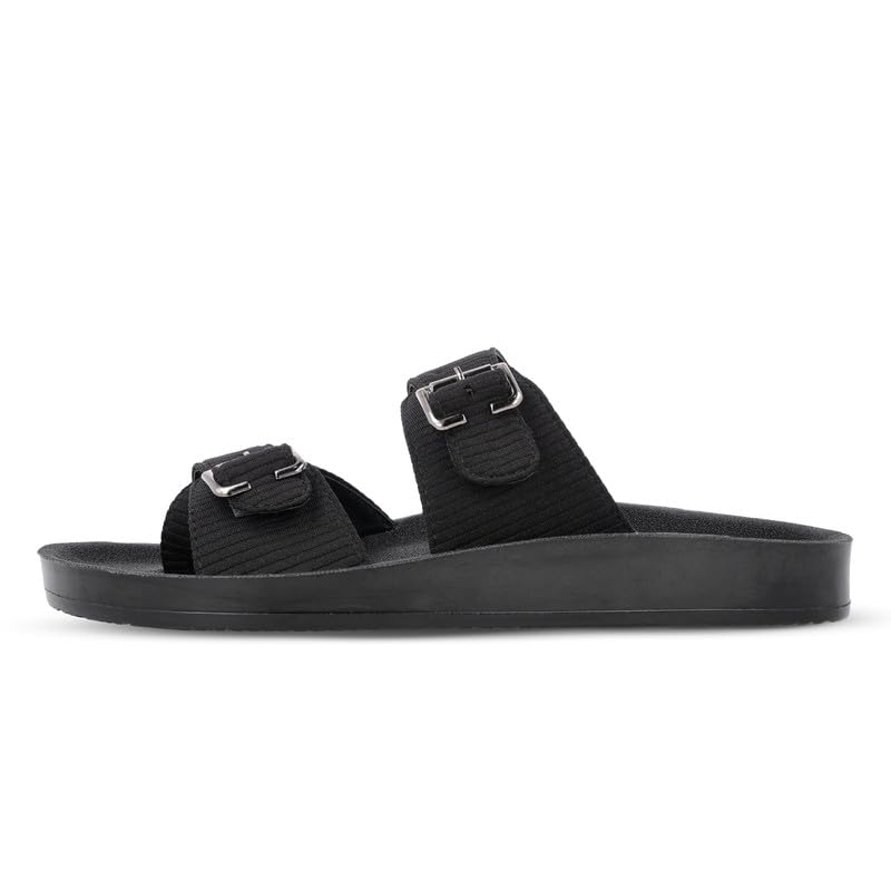 Image of Walkaroo Men's Double Buckle Slide Sandals|Open Toe Casual Flat Slippers,Adjustable Buckle Straps, Soft Cushioned Footbed, Fabric Upper,Lightweight Flexible Sole |Casual, Daily Wear, Home, Travel, Shopping&Comfortable Wear Sandals for Men's|WGR53044