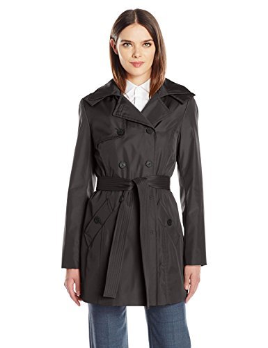 Calvin Klein Women's Rain Trench Double Breasted Jacket with Belt and Hood, Black, X-Large