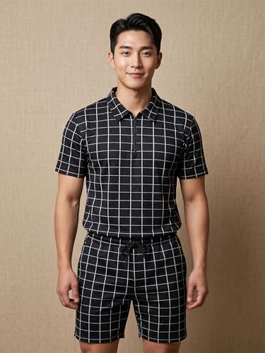 Image of Men's Printed Zip Polo Neck T-Shirt with Half Short Pant Co-ord Set Fabric, Stylish Printed Design, Comfortable Regular Fit