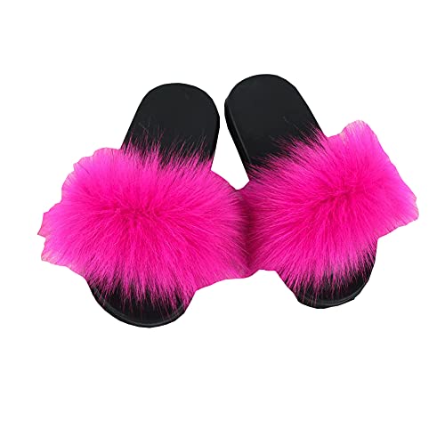 Girls Faux Fur Slippers Indoor Outdoor Furry Slides Colorful Beach Sandals Shoes