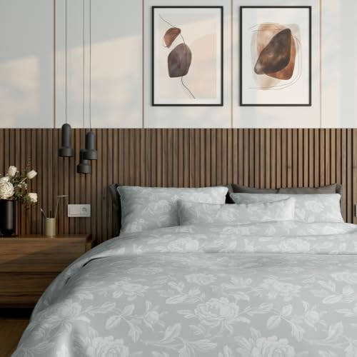 Image of Blue Dahlia 100% Cotton, King Size /Double, Bedsheet (108 inch x 108 inch) + 2 Pillow Covers, 300TC Premium Bedsheet, Jacquard Rose Pattern - Light Grey
