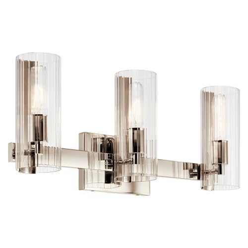 Image of Kichler Jemsa 3-Light Bathroom Vanity Light Fixture, Modern Wall Mount Light with Clear Fluted Glass in Polished Nickel for Powder Room or Bathroom (9.75 inch x 22.75 inch), 55168PN