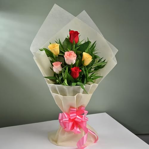 Image of FlowerAura Premium Fresh Live Flower Bouquet of 6 Mix Roses In Wrapping Paper Gift For Birthday | Anniversary | Love | Home Decor | Fathers Day Gift For Dad (Same Day Delivery)