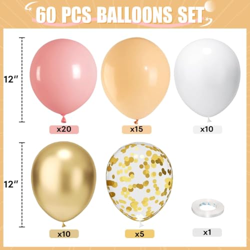 Image of HILAVO Blush Pink Balloon, 60 PCS 12 Inch Retro Pink Gold White Sand Nude Balloons Gold Confetti Latex Balloons for Girls Baby Shower Wedding Bridal Boho Birthday Party Decorations