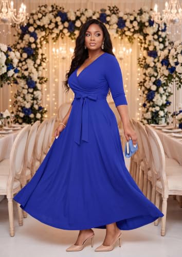 Image of FANDEE Plus Size Maxi Dress for Women Casual Summer Sundress V-Neck 3 /4 Sleeve