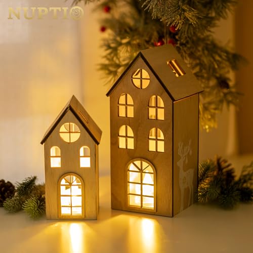 NUPTIO Lichthäuser Weihnachtshaus mit Beleuchtung Holz: LED Haus Set...