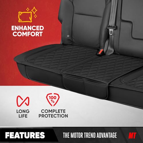 Image of Motor Trend Rear Seat Cushion - Black Diamond Stitched Faux Leather Rear Seat Cover for Cars, Trucks, SUVs - Padded, Waterproof, Non-Slip Back Seat Cover with Storage Pockets