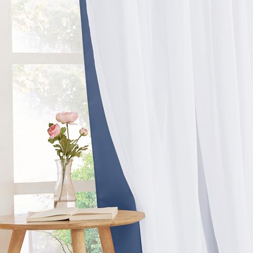 Image of PONY DANCE Double Layers Curtains for Living Room, 52-inch Wide | 84 inches Long Blackout Curtains with Sheer Overlay Home Decor, Blue Haze, Set of 2