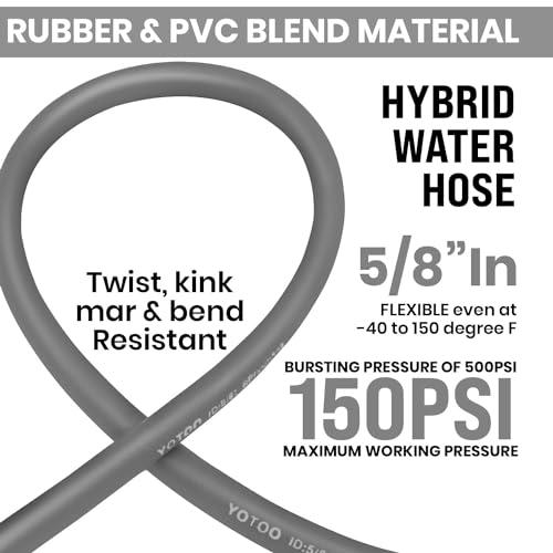 YOTOO Heavy Duty Hybrid Garden Water Hose 5/8-Inch by 25-Feet 150 PSI Kink Resistant, Flexible with Swivel Grip Handle and 3/4" GHT Solid Brass Fittings, Gray