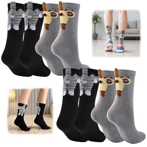 KUNAL 4 Pairs Cat Socks with Balls Cute Cat Socks with Balls Cotton Fun Animal Mid-Tube Sock Suitable Gifts for Female Cats Lovers