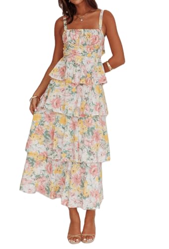Argeousgor Womens Floral Print Maxi Dresses Tiered Ruffles Long Dress