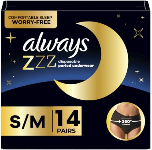 Image of Always ZZZs Overnight Disposable Period Underwear for Women, Size S/M, Black Period Panties, Leakproof, 7 Count, Pack of 2 (14 Count Total)