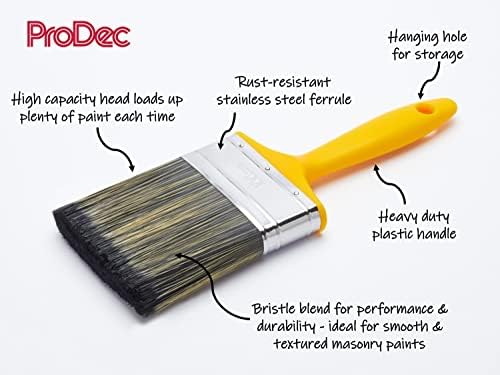 ProDec PR4GY Flat Masonry Paint Brush for Rapid Application of Smooth and Textured Masonry Paints on Outdoor Walls, Brick, Breeze Block, Render, Pebbledash and Other Rough Surfaces, 4" 100mm,Yellow