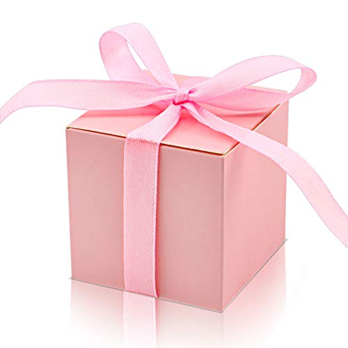 KPOSIYA 70 Pack Favor Boxes 2x2x2 inch Candy Boxes Pink Gift Boxes with Ribbons for Wedding Baby Shower Decorations Birthday Party Supplies