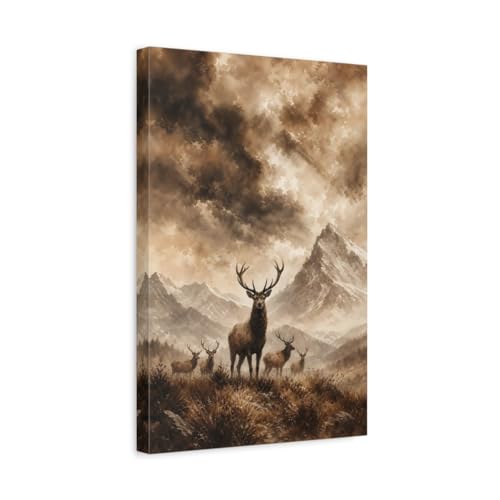 Toile cerf aquarelle sépia haut de gamme avec châssis épais de 3 cm vertical