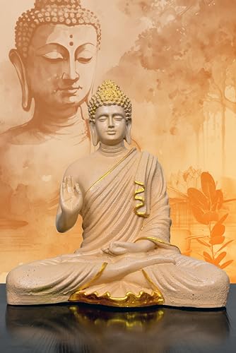 Image of Beautiful Sitting Buddha Idol Statue for Home & Garden Living Room | Healing Spirit Blessing Buddha Statue - 15 Inch Size (Beige Colour)
