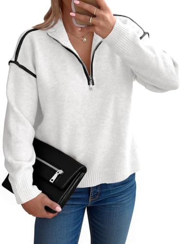 Saodimallsu Womens Quarter Zip Pullover Sweaters Casual Collared V Neck Color Block Long Sleeve Loose Knit Fall Sweater