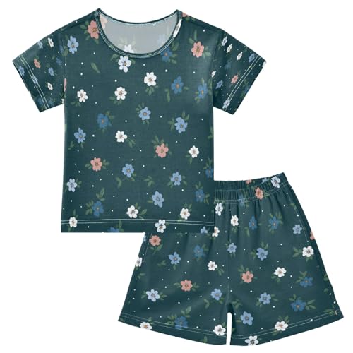 White Pink Floral Pattern Kids Pjs Set Boys Girls Summer Short-Sleeve Sleepwear Pajamas 2PCS
