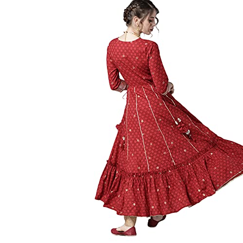 Image of ishin Women's Cotton Regular Fit Anarkali Embellished Zari Embellished Print Kurti