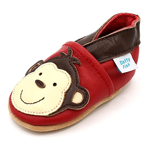 Dotty Fish weiche Leder Babyschuhe mit rutschfesten Wildledersohlen. Kleinkind Schuhe. Jungen. Rot mit Affen. 18-24 Monate (23 EU)