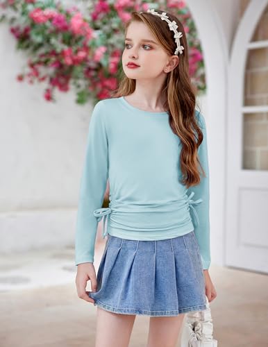 Image of Arshiner Girls Long Sleeve Shirts Ruched Knot Side Tunic Blouse Tee Tops