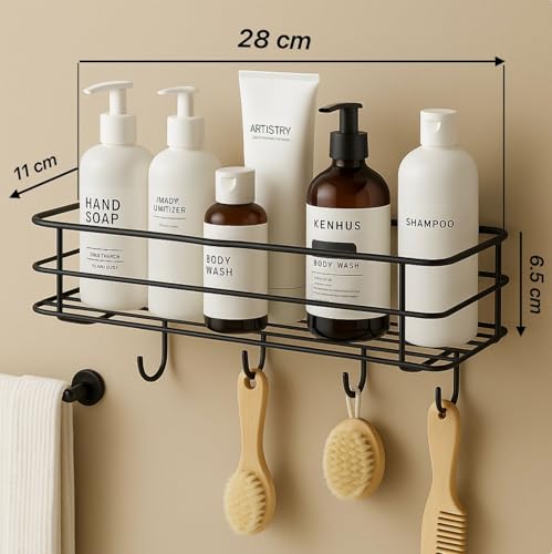 Image of Wall Shelf | GI Steel Self Adhesive Bathroom Organiser with 4 Hooks | No Drill, Black | 28 cm x 10 cm x 6.5 cm
