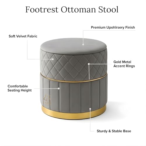 Image of ENIQE STORE Set of 2 Round Velvet Ottoman Footstool Gold Base - Tufted Upholstered Pouffe Stool for Living Room, Bedroom & Dressing Area (Grey)