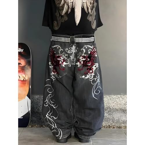 Men's Hip-Hop Dance Jeans Black Denim with Dragon Embroidery Studded Belt Wide Leg Style3