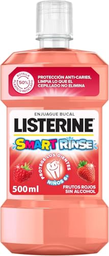 Listerine Smart Rinse (1 x 500 ml), enjuague bucal para niños 6+ sabor a frutos rojos, colutorio sin alcohol para una limpieza bucal completa, elixir bucal anti-caries