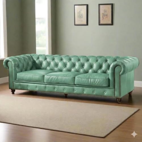 Image of Classic Leatherette Chester Sofa Set Button Tufted, Classic Style Sofa Set for Living Room, Office, and Hallway Colour (Mint Green Leatherette, 3 Seater Sofa)