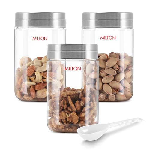Image of MILTON Steel Seal 750 Airtight Food Grade Modular Plastic Container | BPA Free, Stackable & Transparent | Wide Mouth with See-Through Lid | Ideal for Cereals, Pulses, Spices, Set of 3, 750 ml each