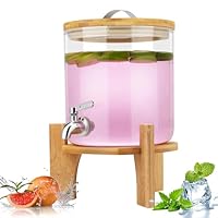 Hiziwimi 5L Getränkespender aus Glas mit Hahn, mit Bambusständer, Deckel für heiße oder kalte Getränke, Säfte und Teegetränke, Getränkespender mit Hahn