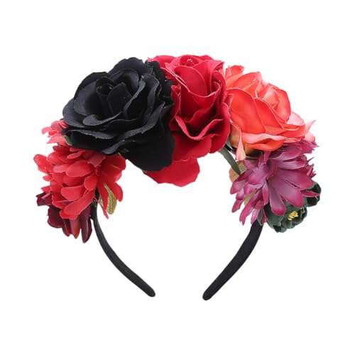 JIHUOO Couronne de fleurs mexicaine Bandeau Jour des morts Rose Bandeau Halloween Couronne Florale Jour des morts Bandeau Festival Costume Bandeau pour femmes et filles A