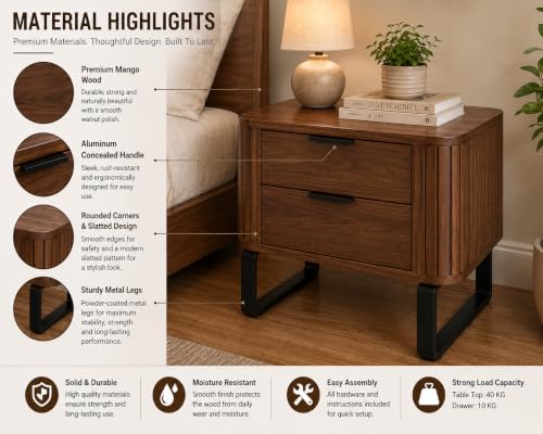 KUBER FURNITURE Solid Wood Bedside Table, Walnut, 2 Drawers Walnut 6 - Image 3