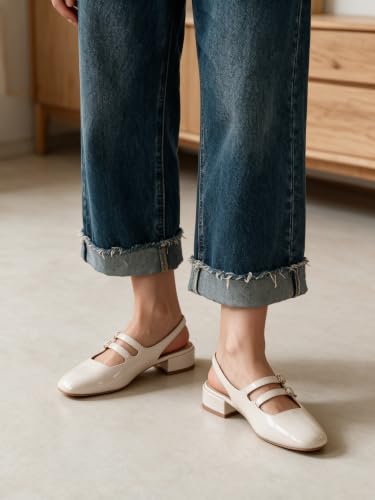 Image of Mostrin Mary Jane Shoes Women Slingback Chunky Low Heels for Women Closed Rounded Toe Ankle Strap Pumps Daily Wedding Party Dress Shoes