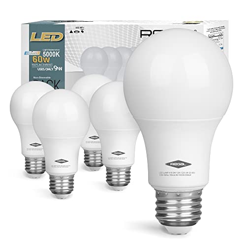 Regal LED A19 Light Bulb 5000K Daylight 800-Lumen, 9-Watt (60-Watt Equivalent), E26 Base, 5000 Kelvin, Day Light, 5-Pack, Non-Dimmable #1