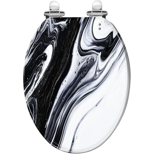Elongated Toilet Seat abstract white black oil paint water Resin Toilet Seat Quietly Close Quick Release Hinges Decorative Toilet Seat with Cover Easy to Install