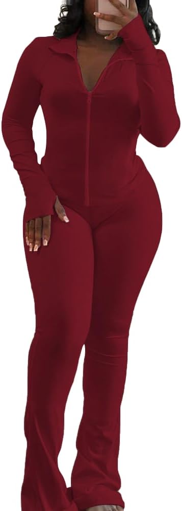 HBQ Women's 2 Piece Tracksuit Sets Long Sleeve Zip Up Crop Tops and Flare Pants Casual Workout Oufit Jogger Loungewear Set - Image 3