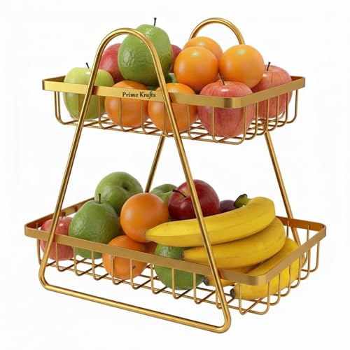 Image of 2 Tier Metal Fruit and Vegetables Basket with Handle|Fruit Vegetables Snacks and Bread Organizer for Kitchen, Dining Table, Livingroom|Bathroom Countertop Basket Stand - Gold