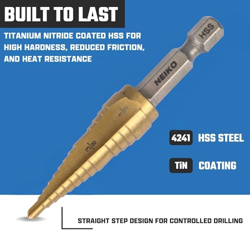 Image of NEIKO 10616A Step Drill Bit, 2 Steps 3 /8 inch to 1 /2 inch Straight High Speed Steel, Titanium Nitride Coated, 1 /4 inch Quick Change Step Bits for Steel, Metal, Wood, Plastic, Unibit Cone Drill Bits, Two Flute