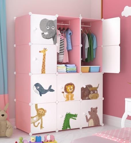 Image of Sunderlook Plastic Wardrobe for Kids Clothes - Collapsible Wardrobe, Easy to Use Anti-Skid & Non-Slip Effective Professional Foldable Plastic Cupboard for Kids, Home (Pink-KTM2, 12 Door)