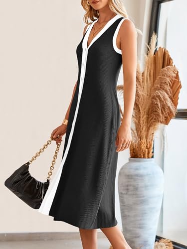 Saodimallsu Womens Summer Button Down Sweater Dresses Sleeveless V Neck Casual Ribbed Knit Color Block Midi Tank Dress3