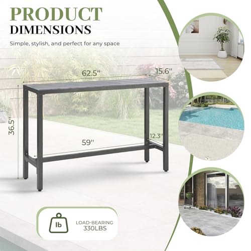 ONLYCTR Outdoor Patio Counter Height Bar Table, 63" Rectangle for Patio, Garden, Yard, Balcony, Poolside (Grey)