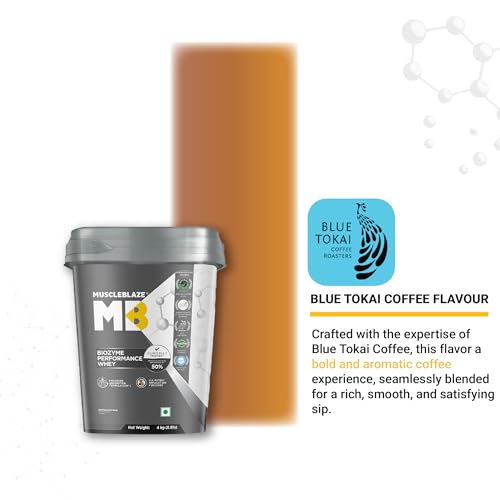 Image of MuscleBlaze Biozyme Performance Whey Protein Powder, Blue Tokai Coffee (4kg / 8.8lbs) | 25g Protein Per Scoop | Clinically Tested 50% Higher Protein Absorption